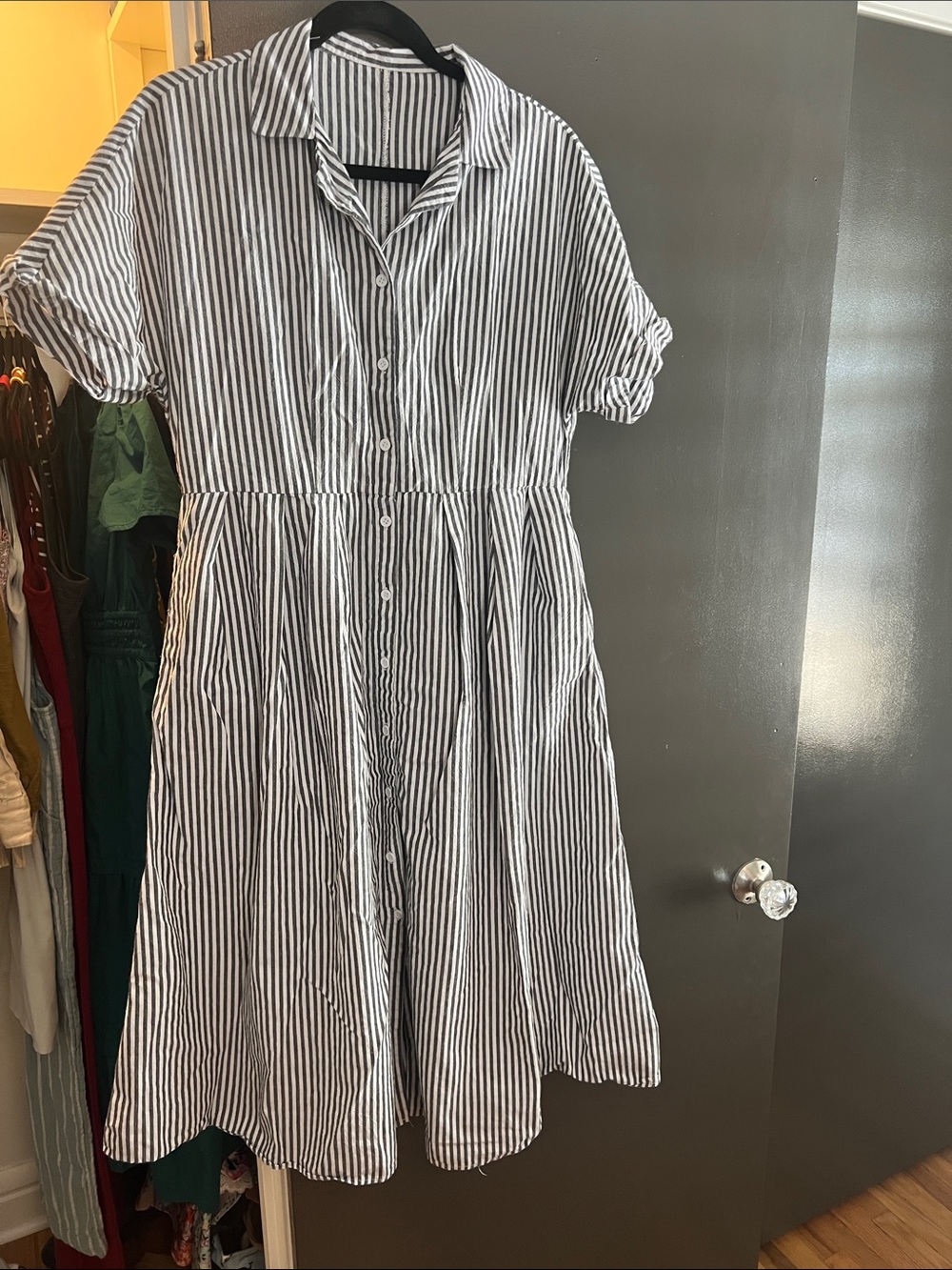 Striped Button-Front Shirt Dress in Grey and White